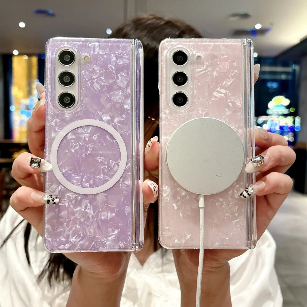 Dreamy Shell Pattern Magnetic Hinge Case For Samsung Galaxy Z Fold 7 6 5 4 5G Wireless Charging Ultra Thin Hard PC Bumper Cover