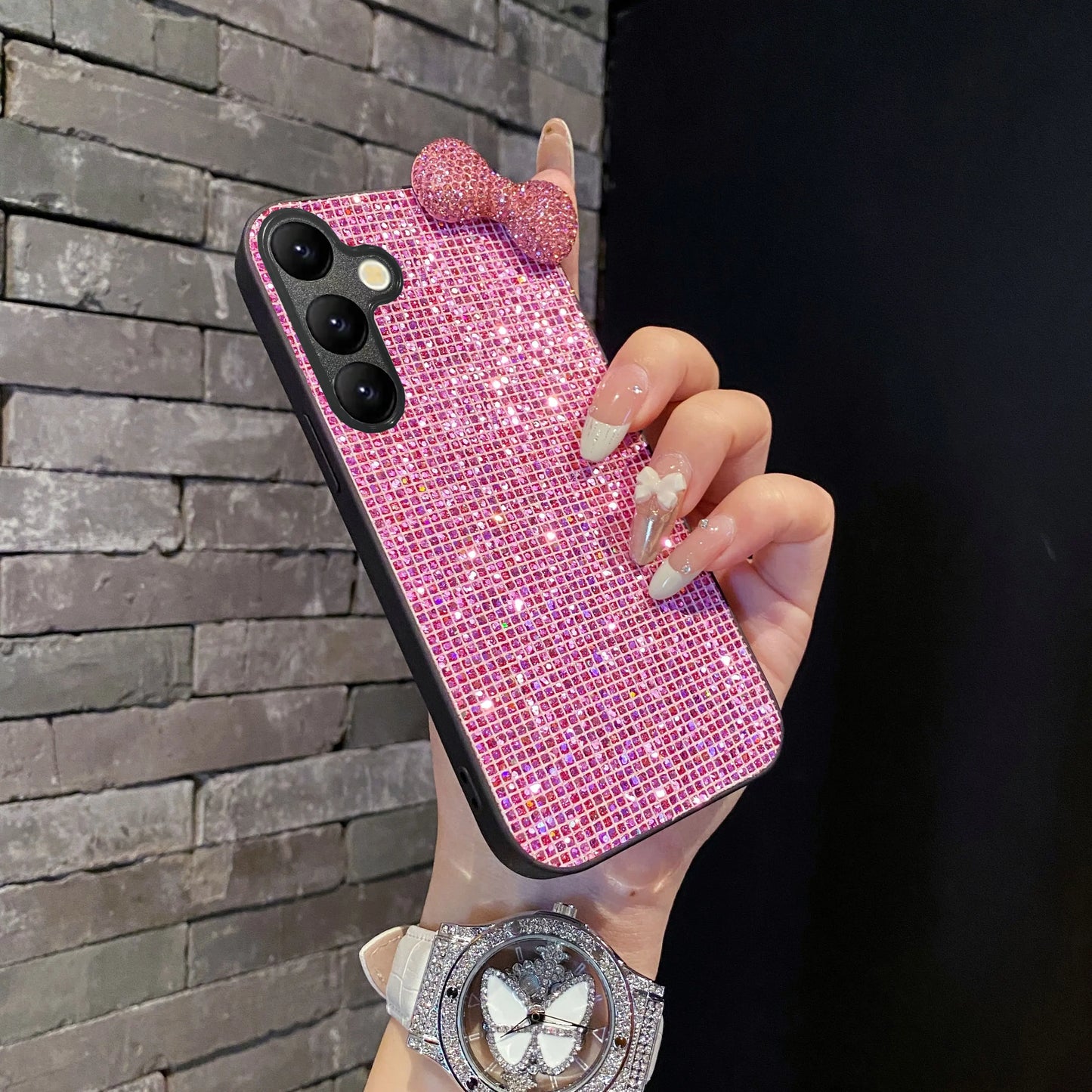 Fashion Cute Drill Pink Butterfly TPU Phone Case For Samsung Galaxy S22 S23 S25 Edge S24 FE Plus Ultra Glitter Protective Case