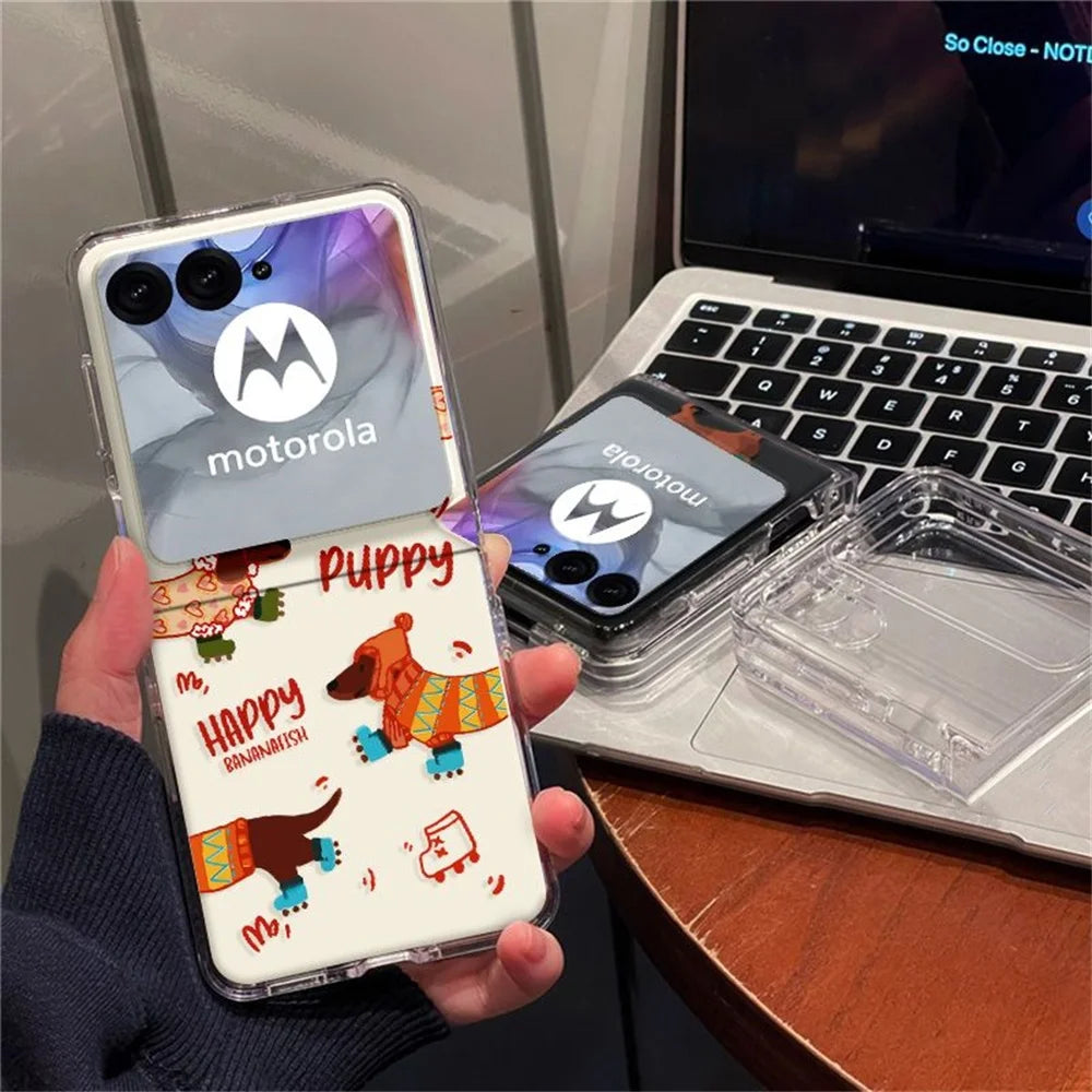 For Motorola Razr 2025 Plus 2024 2023 Razr 60 50 40 Ultra Dachshund Dog Pattern Transparent Hard Folding Phone Case Cover