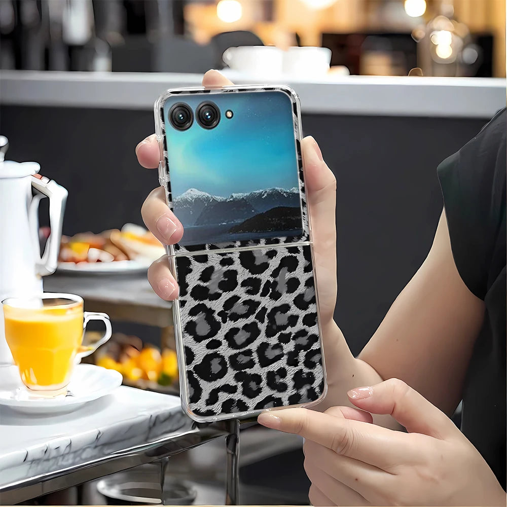 Black Leopard Print Phone Case for Motorola Razr 60 50 Ultra 40 Ultra Razr Plus 2025 2024 2023 Clear Hard Cover Fundas