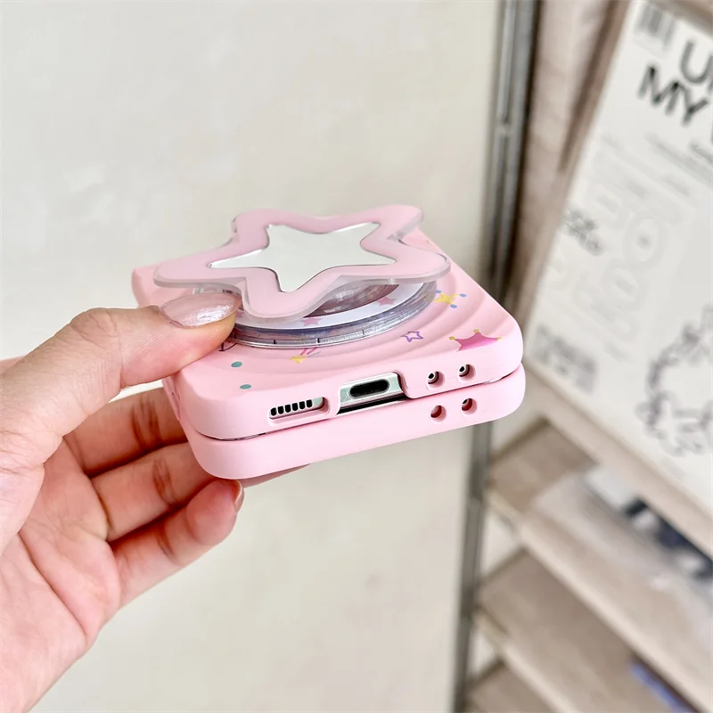 Korean Cute Star Magnetic Stand Holder Phone Case For Samsung Galaxy Z Flip 7 6 5 4 3 Flip5 Flip6 Flip7 Cover Cases with Chain