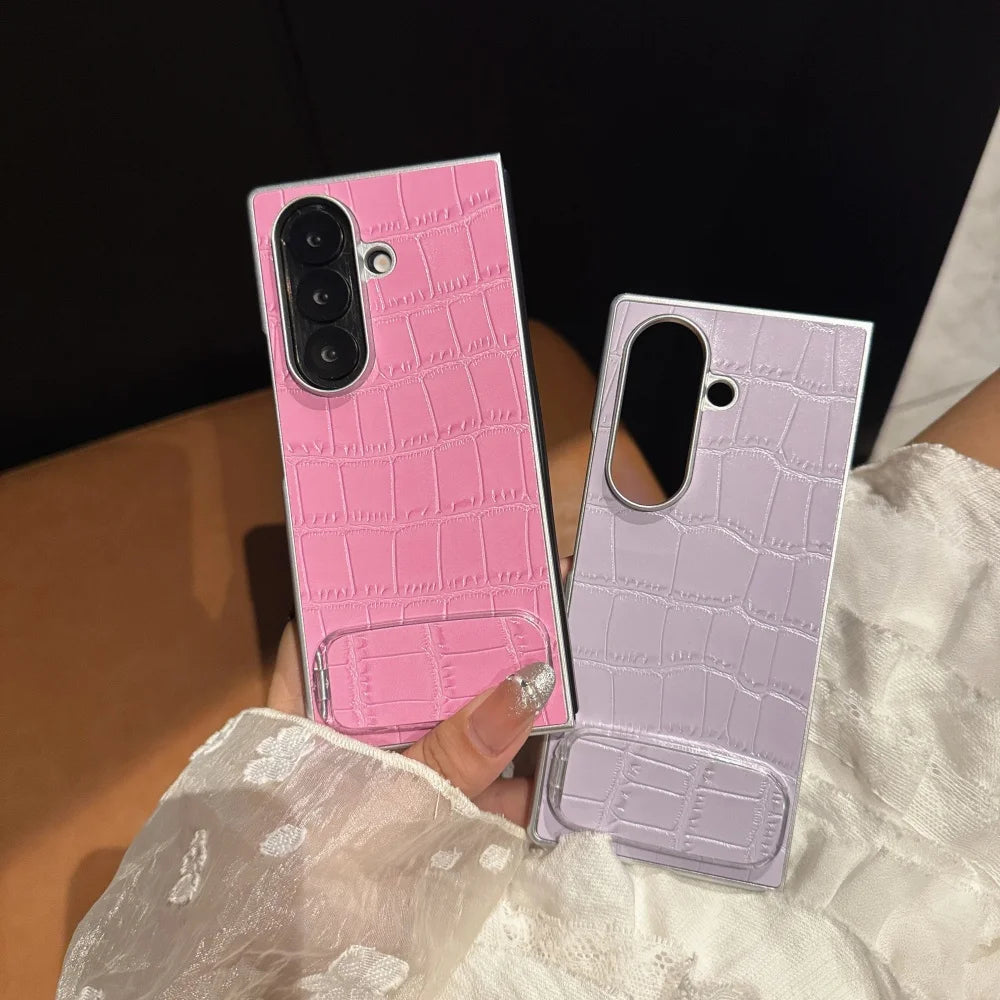 3D Crocodile Skin Pattern PU Phone Case For Samsung Galaxy Z Fold 7 6 5 4 3 Fold7 ins Y2K Invisible Makeup Mirror Bracket Cover