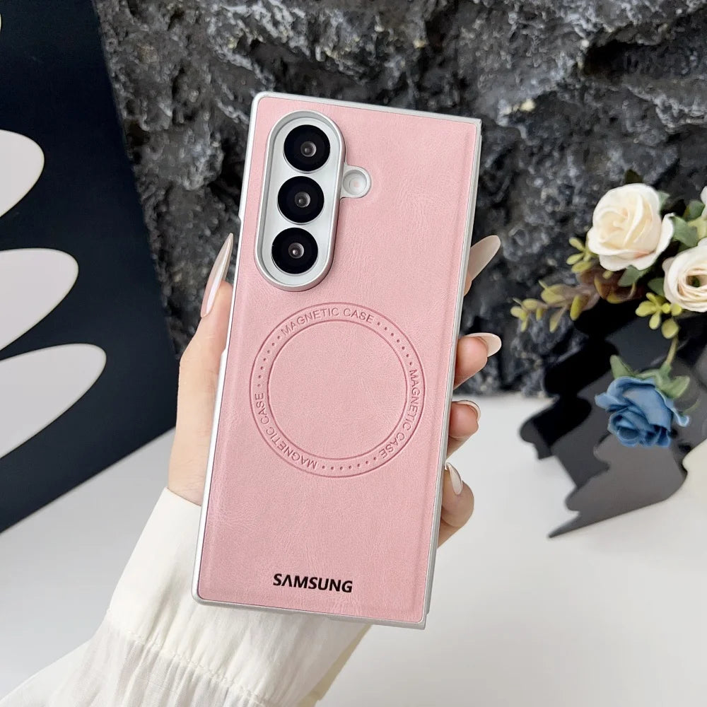 Retro Leather Cover Samsung Galaxy Z Fold 7 6 5 4 Magsafe Wireless Charging Cover For Galaxy Fold6 Fold7 Hard Shockroof Case