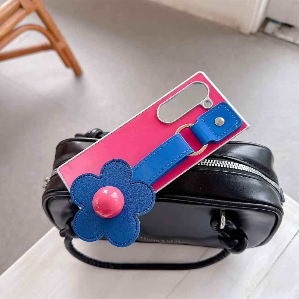 For Samsung Galaxy Z Fold7 Fold 7 6 5 4 3 Zfold6 3D Flowers Leather Wristband Phone Case Plating Silver Frame Shockproof Cover