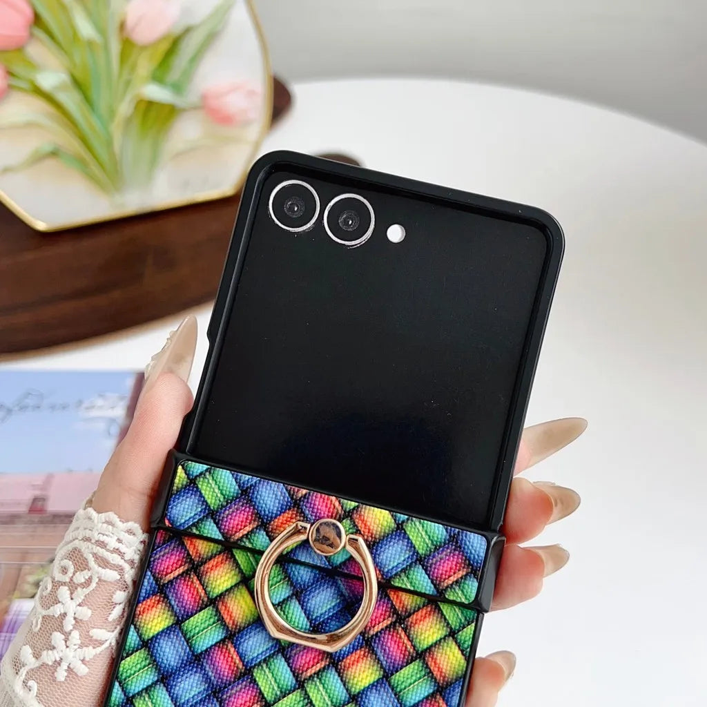Dazzling Color Weave Pattern Case For Samsung Galaxy Z Flip 7 SE 6 5 4 3 ZFlip7 5G 3-piece Set With Finger Ring Colorful Cover