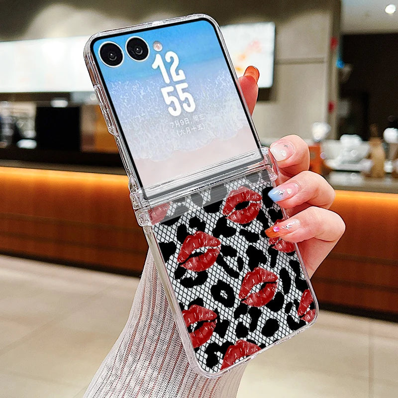 Leopard Lips Print Phone Case For Samsung Galaxy Z Flip 8 7 FE 6 5 4 3 5G Hard PC Folding Cover For Samsung Z Flip8 Flip7 Flip6