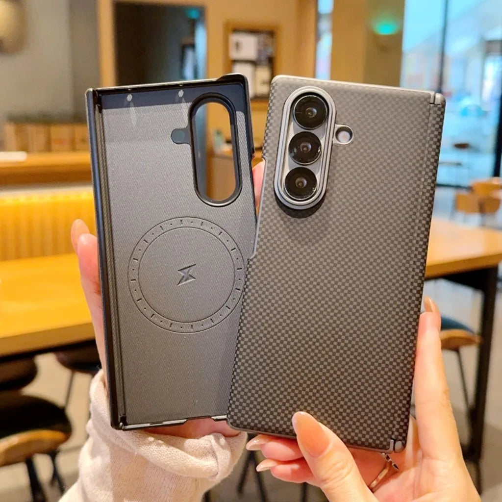 Carbon Fiber Texture Hinge Protection Magnetic Phone Case For Samsung Galaxy Z Fold 8 7 Fold8 Fold7 5G Electroplated Back Cover