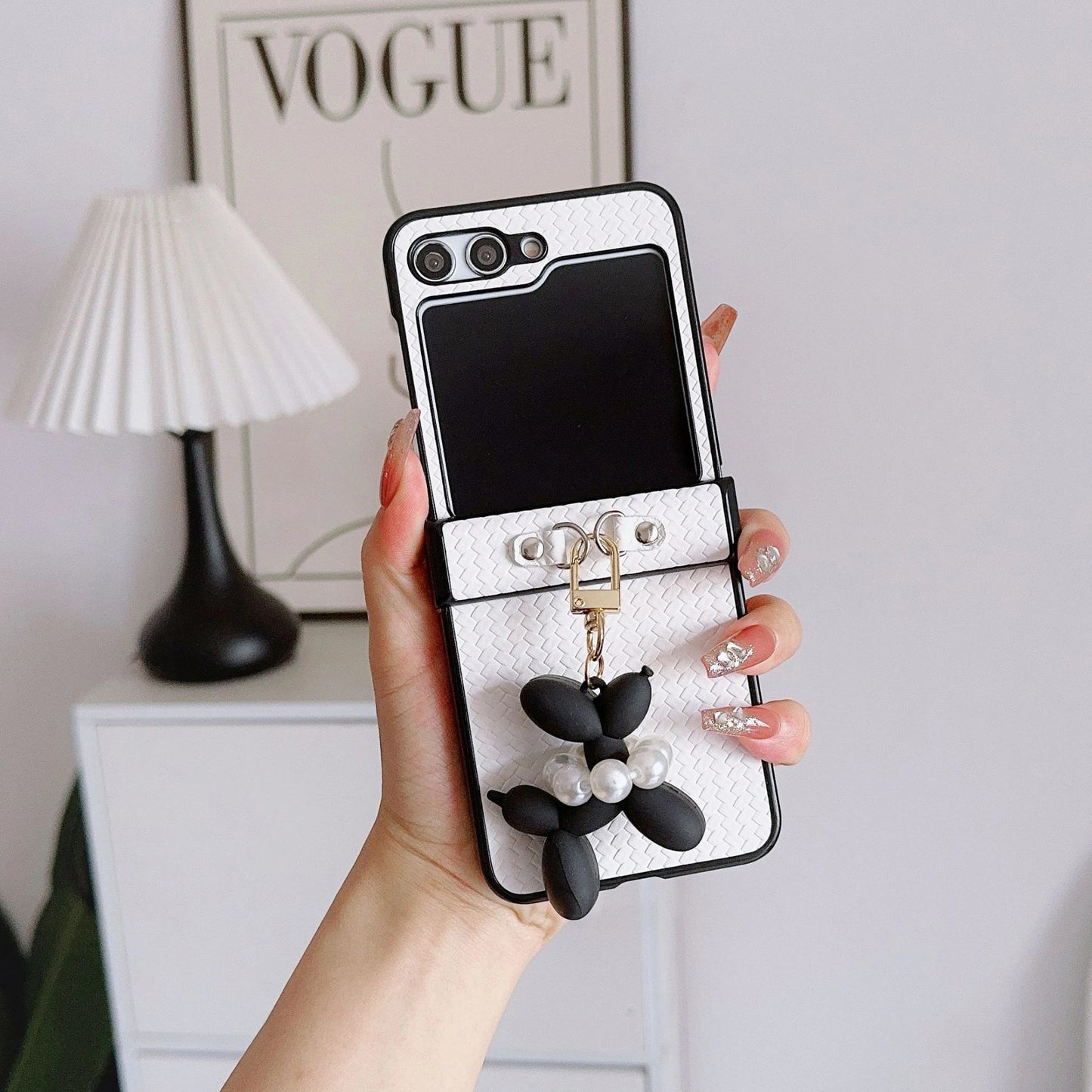 Samsung Woven Folding Phone Case with Dog Pendant Korean Style Folding Phone Accessories for Galaxy Z Flip 3 4 5 6