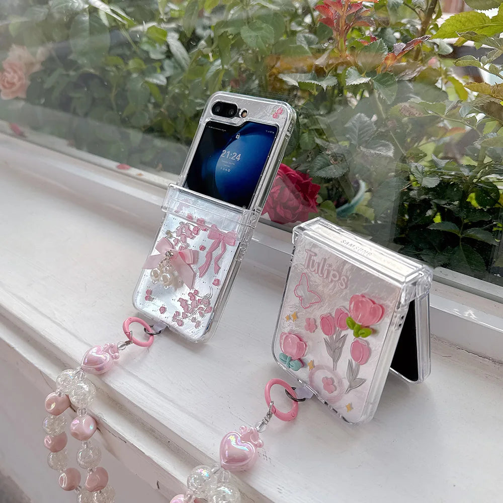 Korean Cute Bowkont Flower Ornament Hinge Phone Case For Samsung Galaxy Z Flip 7 6 5 Flip6 Flip5 Flip7 Cases Cover with Chain