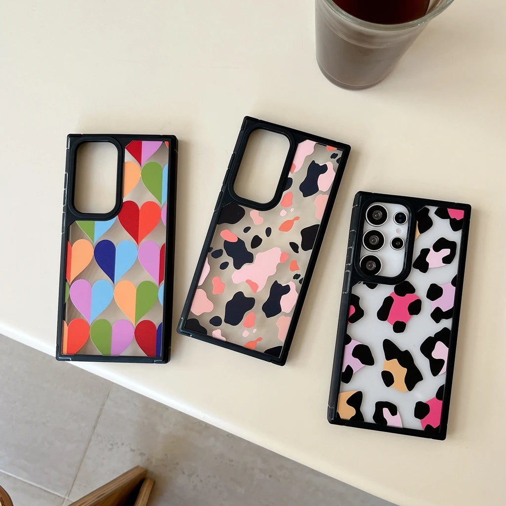 Full Screen Color Collision Leopard Print Love Heart Phone Cover Case for Samsung Galaxy S22 S23 S24 S25 Plus Ultra S23 S24 FE