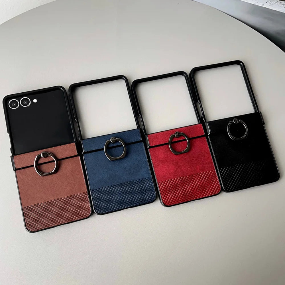 Luxury Leather Lattice Texture With Ring Phone Case For Samsung Galaxy Z Flip 3 4 5 6 7 7FE Hinge Anti-Scratch Back Phone Cover