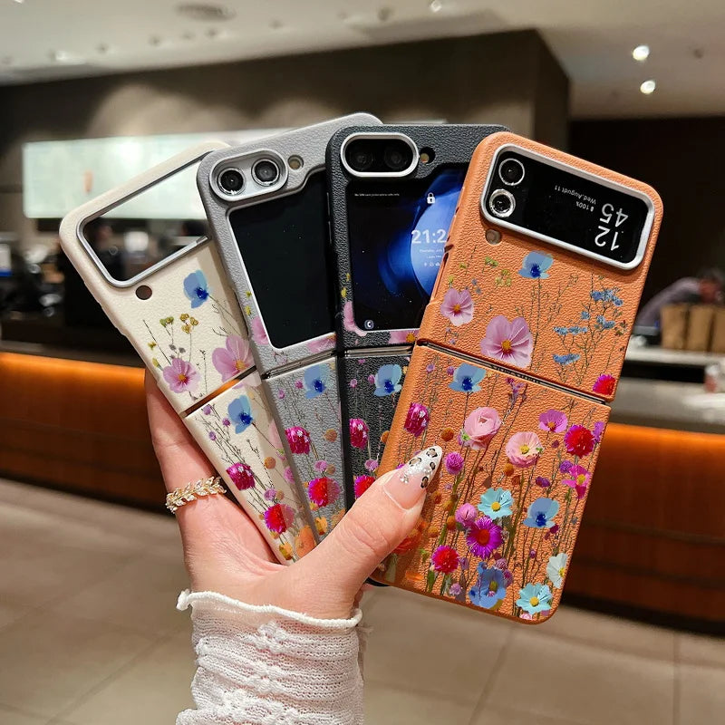 For Samsung Galaxy Z Flip 7 6 5 4 3 5G Luxury Leather Phone Case Retro Flowers Soft TPU Folding Cover For Samsung Z Flip5 Flip3