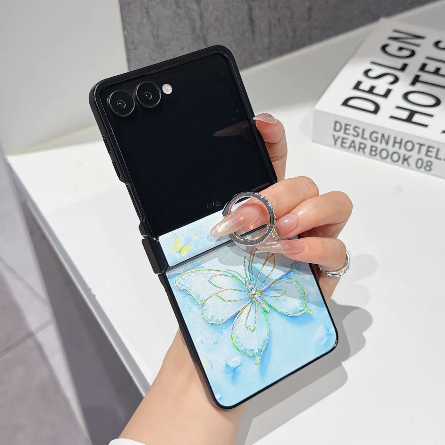 Hot Stamping Butterfly PU Leather Phone Case for Samsung Galaxy Z Flip 7 FE 6 5 4 3 Flip7 Ring Hinge Protective Cover