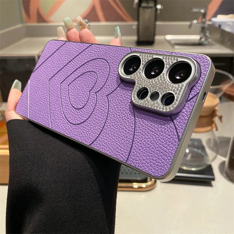 Diamond Camera Love Heart Leather Cases For Samsung S26 S25 S24 S23 S26Ultra Plus A07 A17 A35 A36 A53 A54 A55 A56 A37 A57 Cover