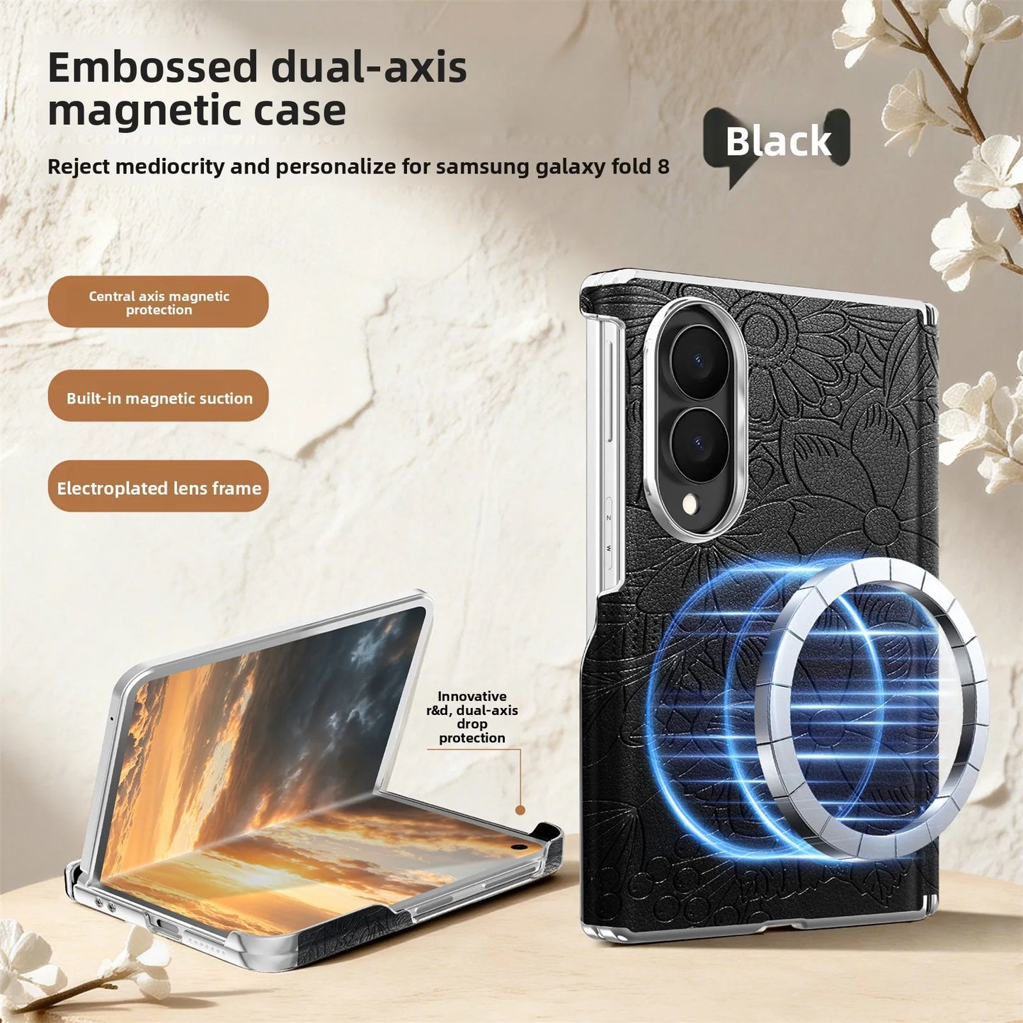 ‌Fashionable Magnetic Embossed Leather Case for Samsung Z Fold 8 Wide Shockproof for Magsafe Central Axis Protection‌ Slim Cover
