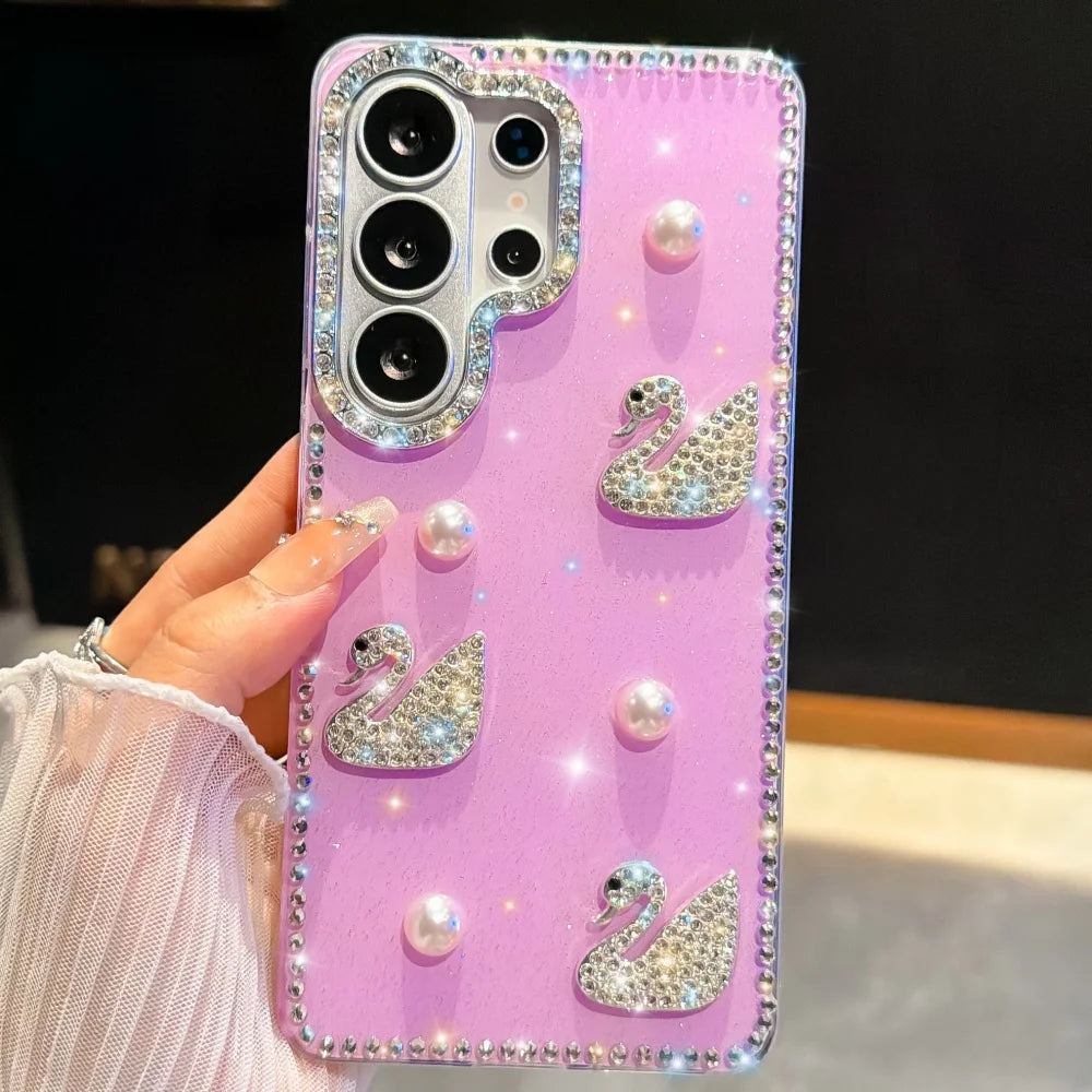 Luxury Diamond Swan Cover For Samsung Galaxy S26 Ultra S26 Plus Laser Heart Case For Samsung S23 S24 Ultra S25 Plus Pearl Case