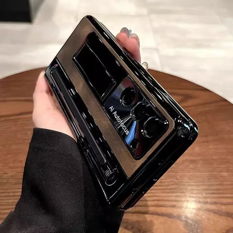 Leather Bracket Pen Slot With Stylus Case For Samsung Galaxy Z Fold 7 6 Fold 5 Fold4 W25 5G Glass Screen Hinge Protection Cover