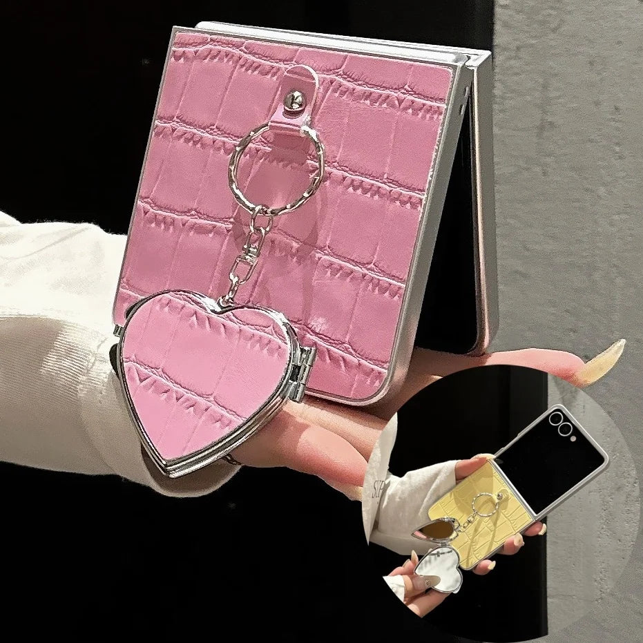 Crocodile Patterned Leather Case For Samsung Galaxy Z Flip 8 Heart Make up Miroor Cover For Samsung ZFlip7 Z Flip 6 5 4 3 Cover