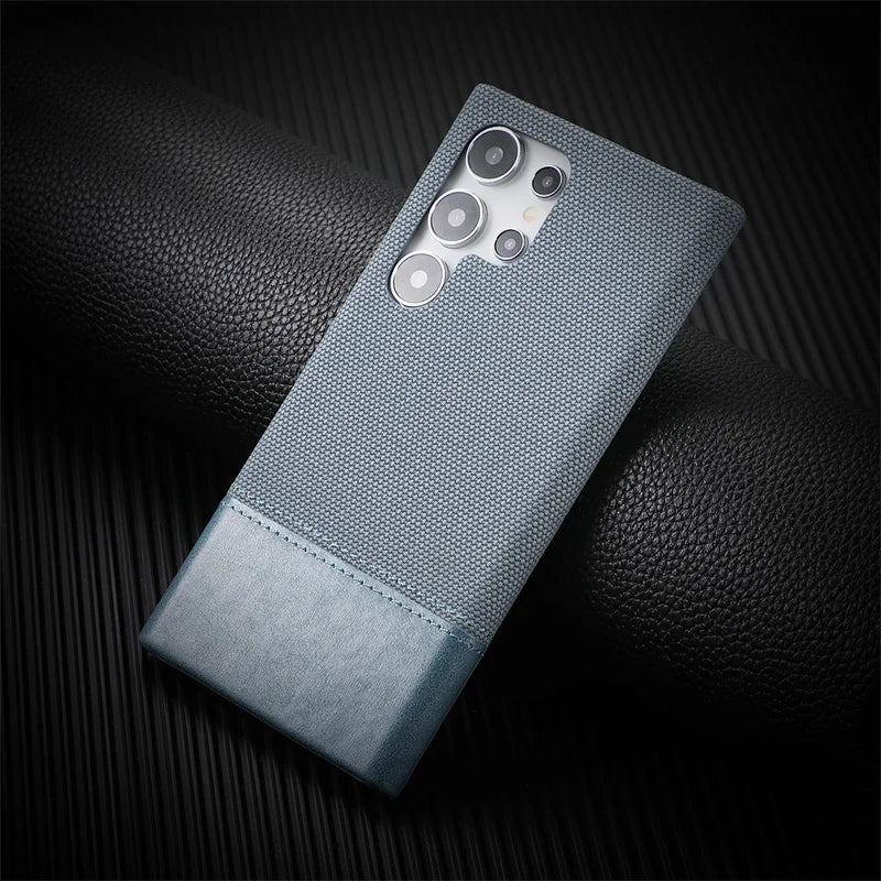 For Samsung Galaxy S23 S24 S25 Ultra Personalised Nylon Fabric Stitched With Leather Case Frameless Cooling Shockproof PC Cover