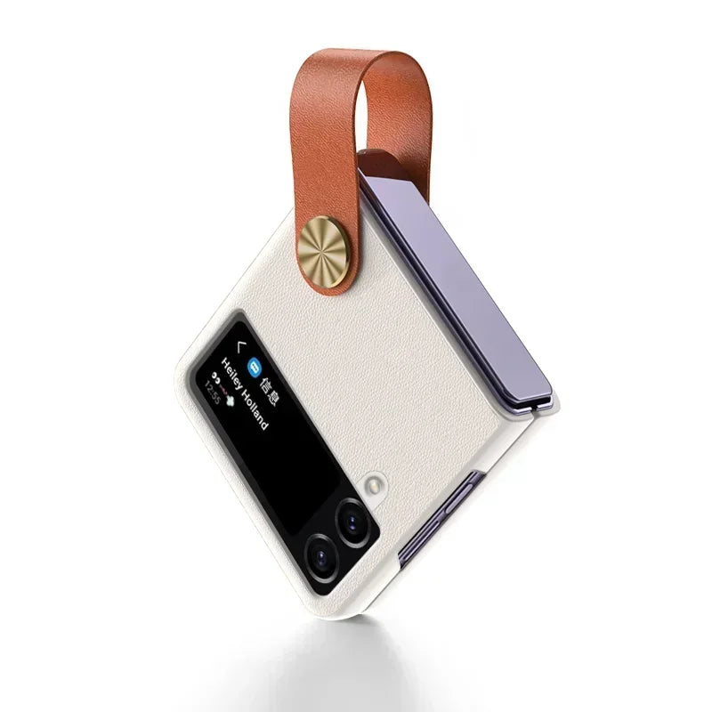 Matte Hand Strap Leather Holder Case for Samsung Galaxy Z Flip 3 4 5 6 5G Flip6 ZFlip4 Protection Luxury Foldable Fashion Cover