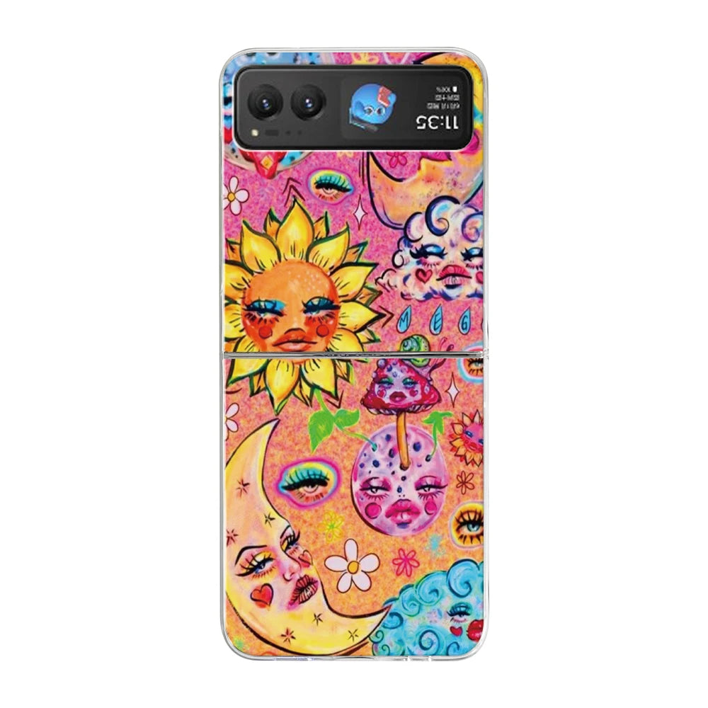 Retro Sun Moon Phone Case For Motorola Razr 60 Ultra 50 40 Ultra Razr 2025 2024 23 For Samsung ZFlip 7 6 5 4 3 Transparent Cover