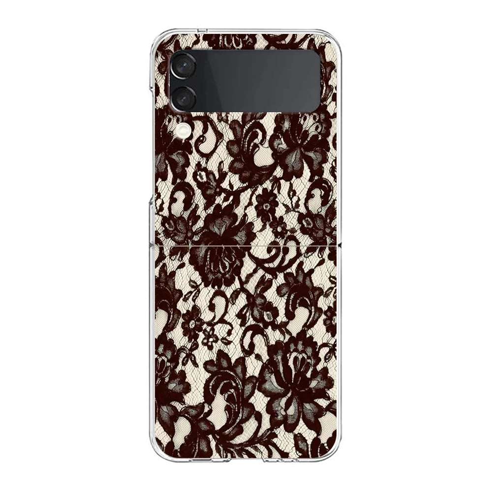 Transparent Phone Case For Samsung Galaxy Z Flip 3 4 5 6 7 Hard Folding PC Z Flip3 Flip4 Cover Lace Printed
