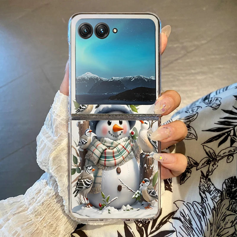 Christmas Phone Case For Motorola Razr 50 40 Ultra Razr 40 Ultra 50 40 Clear Hard PC Folding Shockproof Snowman Patterned Cover
