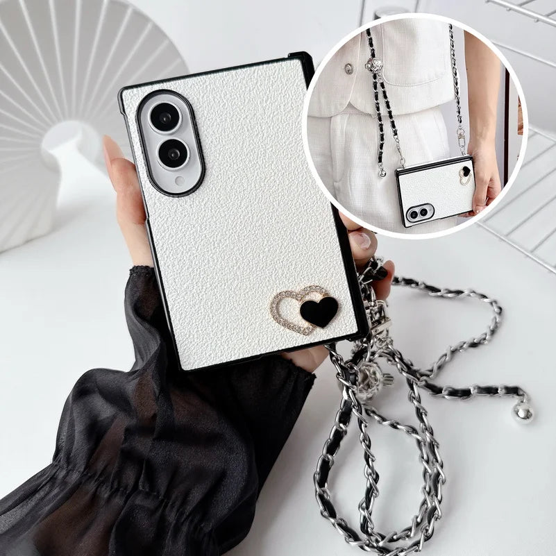 Rhinestone Love Adjustable Long Crossbody Lanyard Case For Samsung Fold 8 Ultra Fold8 Galaxy Z Fold 7 6 5 4 Protective Cover