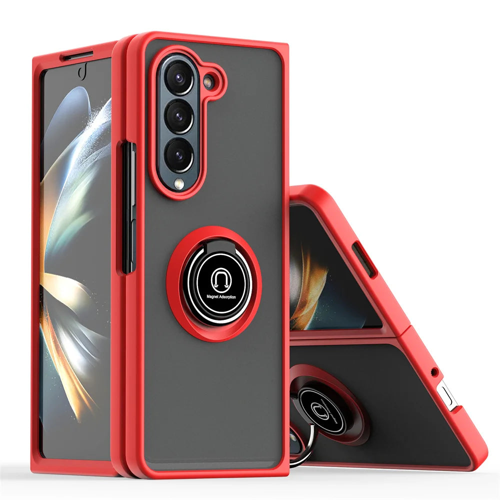Matte Rotating Holder Magnetic Phone Case For Samsung Galaxy Z Fold 7 6 5 4 3 Car Ring Armor Shockproof Cover