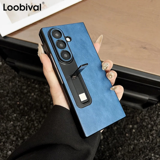 Z Fold7 5G Luxury Suede Pattern Phone Case For Samsung Galaxy Z Fold 7 6 5 4 3 Zfold6 Pu Leather Invisible Bracket Holder Cover