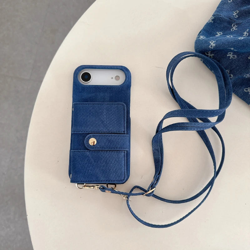 Luxury Solid Color Denim Wallet Card Slot One Buckle Lanyard Phone Case For Google Pixel 10 Pro 9A 8A 7A 7 8 9 Pro XL Back Cover