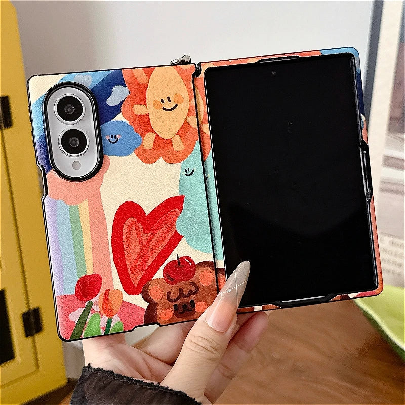Luxury Oil Painting Sun Phone Case For Samsung Galaxy Z Fold 8 ZFold8 Side Buckle Protection Cover With Colorful Beads Chain