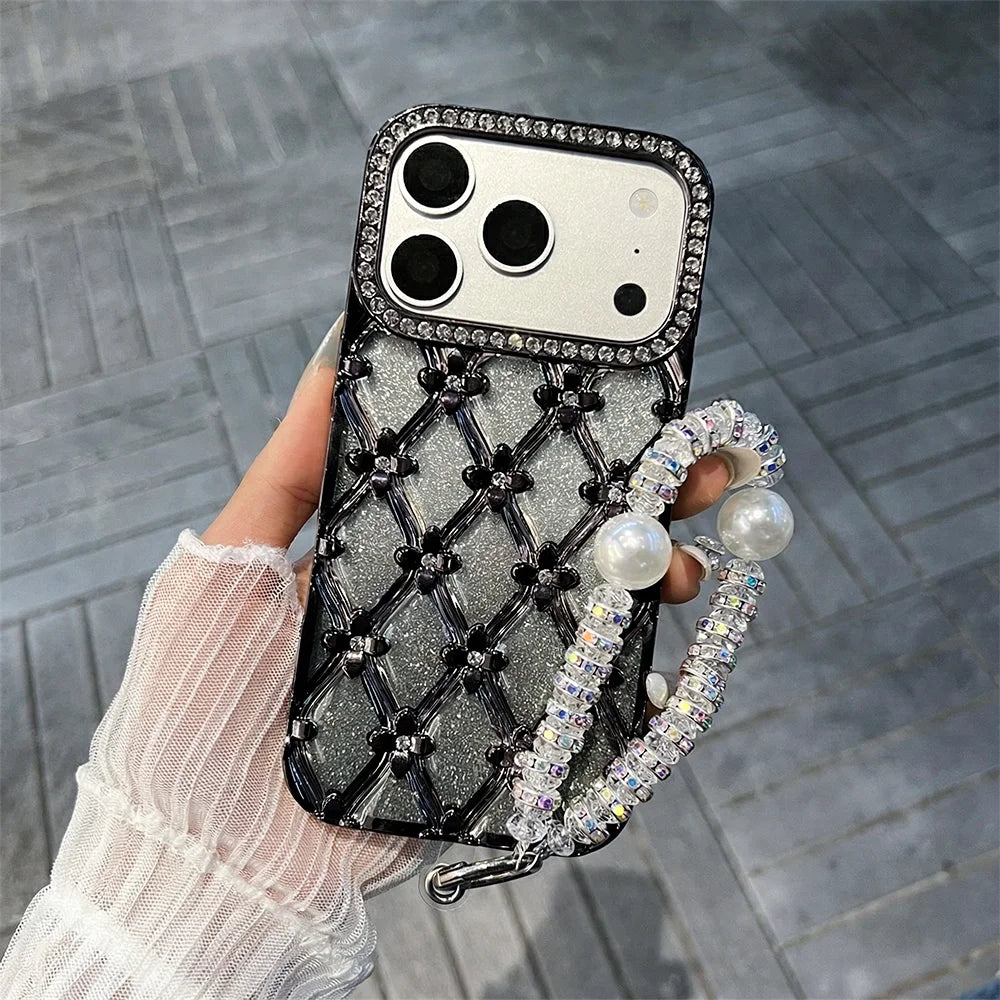 Glitter Diamond Rhombus Bracelet Chain Phone Case For Samsung Galaxy S26 Ultra S23 S24 S25 Plus Ultra A16 Cover With Lanyard