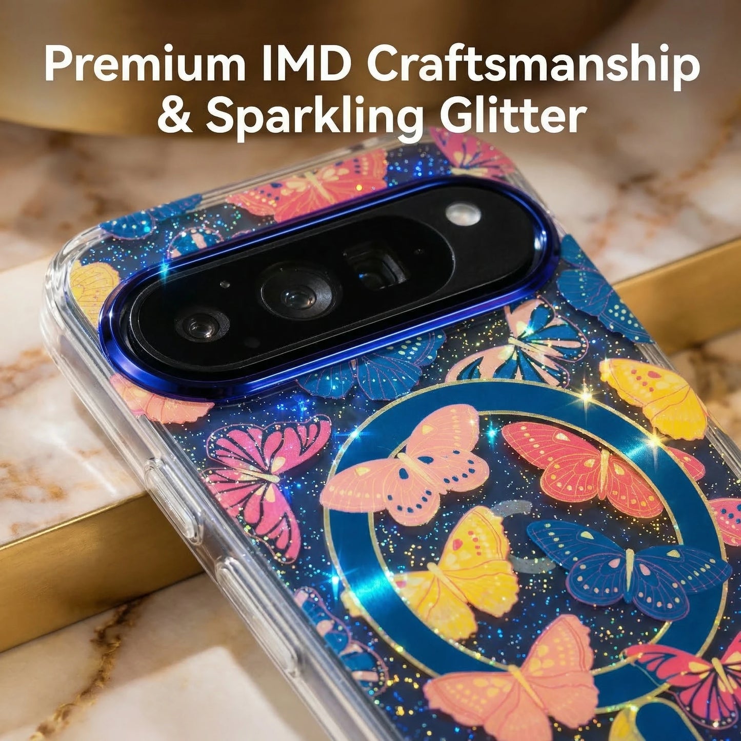 For Google Pixel 10ProXL 9ProXL 9/10Pro 10A 9A Magnetic Phone Case Gradient Blue Light Colorful Butterfly Glitter IMD Anti-Fall.