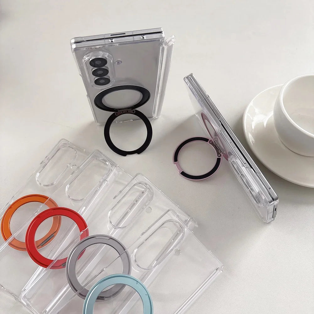 360° Rotating Bracket Transparent Phone Case For Samsung Galaxy Z Fold 7 6 5 4 2pc-Set Hinge Protection Shockproof Back Cover
