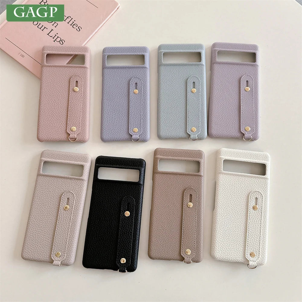 Leather Litchi Wrist Strap Holder Phone Case For Google Pixel 9 8 7 6 Pro Pixel 8A 7A 6A 9 XL Colorful Finger Ring Buckle Cover