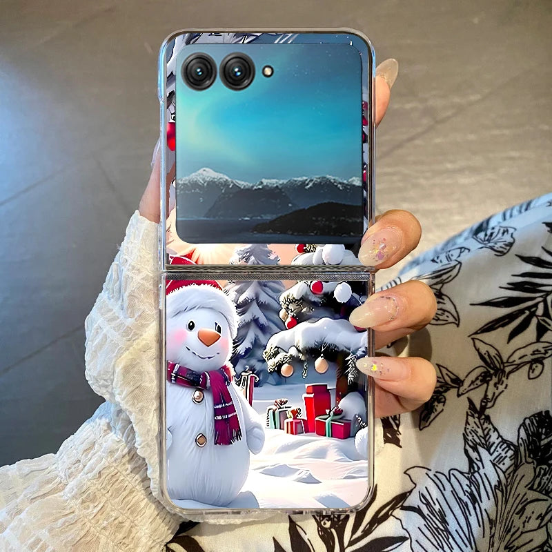 Christmas Phone Case For Motorola Razr 50 40 Ultra Razr 40 Ultra 50 40 Clear Hard PC Folding Shockproof Snowman Patterned Cover