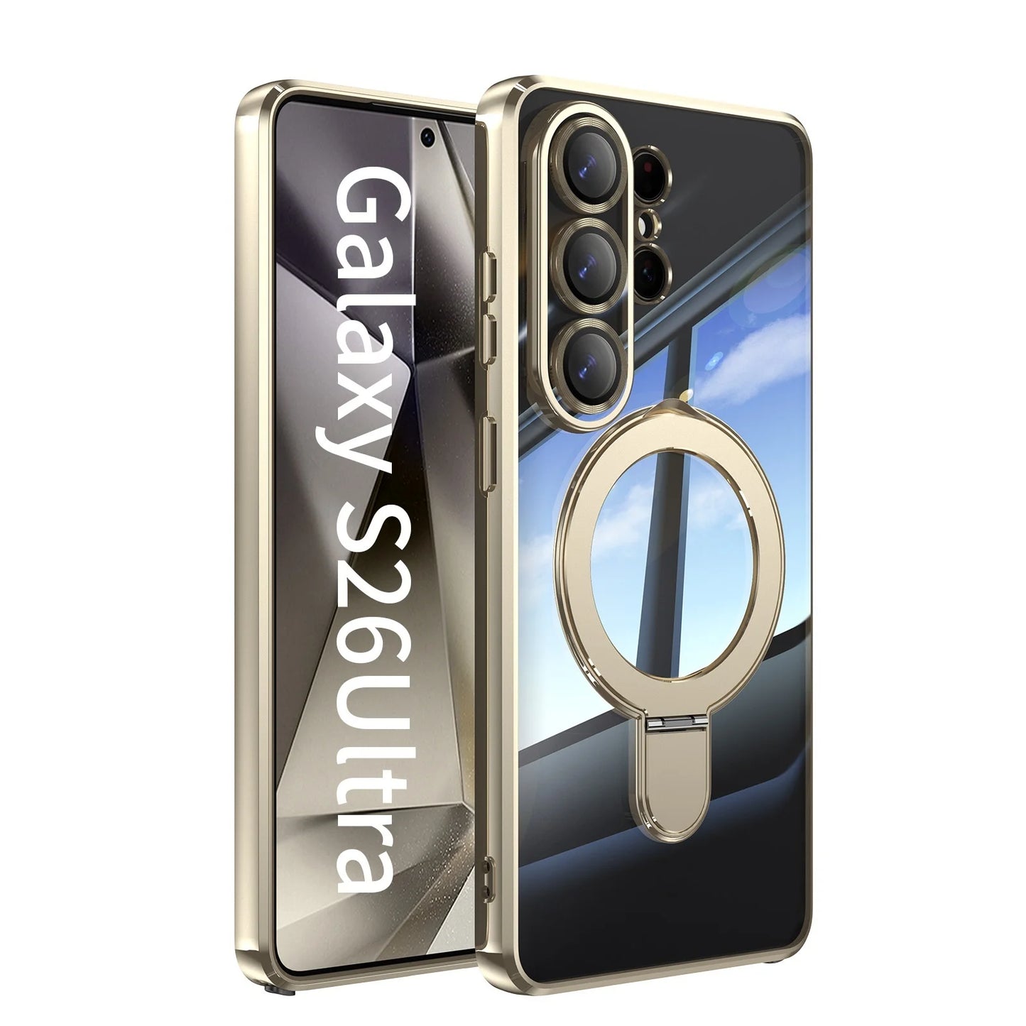 Transparent for Magsafe Stand Plating Case for Samsung Galaxy S26 Ultra Magnetic Bracket Lens Film Cover for Samsung S26 Plus