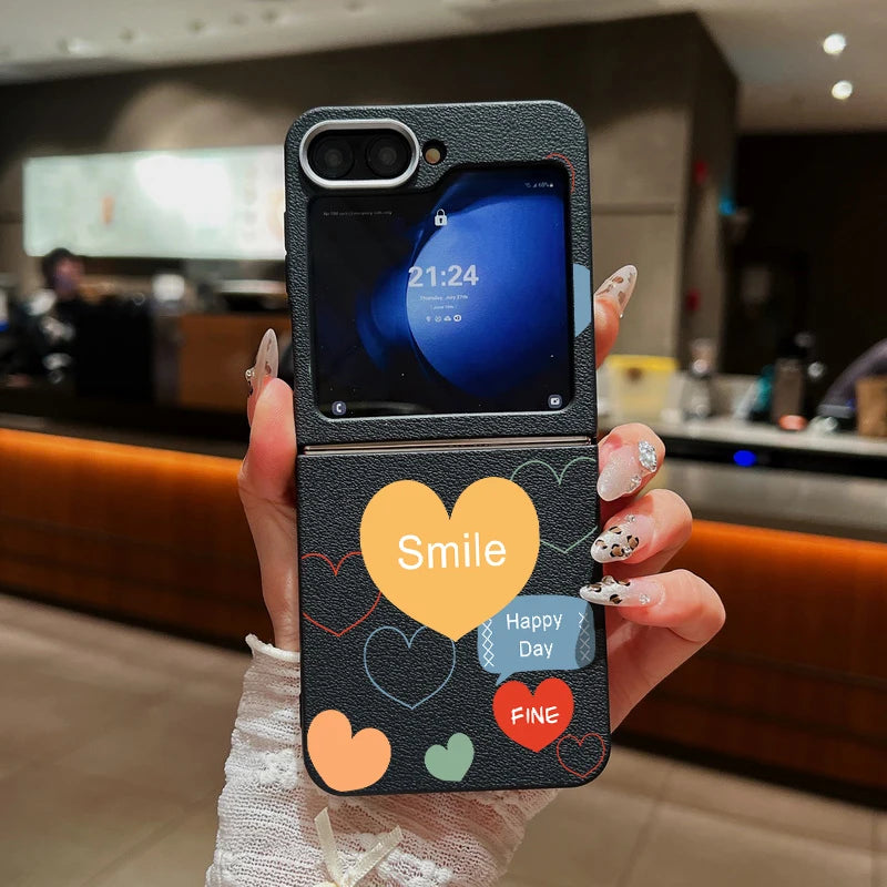 For Samsung Galaxy Z Flip 6 5 4 3 5G Leather Texture Phone Case Love Heart Pattern Soft TPU Folding Cover For Samsung Z Flip5