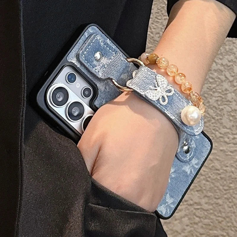 Fashion Denim Cloth Case For Samsung S26 Ultra Wristband Cover For Galaxy S25 Ultra S24 S23 Ultra Luxury Butterfly Phone Case