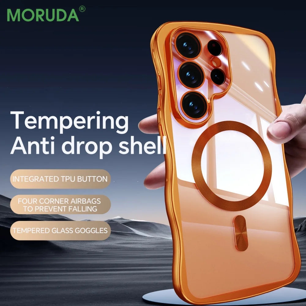 Electroplated Wave Frame Magnetic Case For Samsung Galaxy S26 Edge S25 S24 Ultra Plus Wireless Charge Transparent TPU Soft Shell