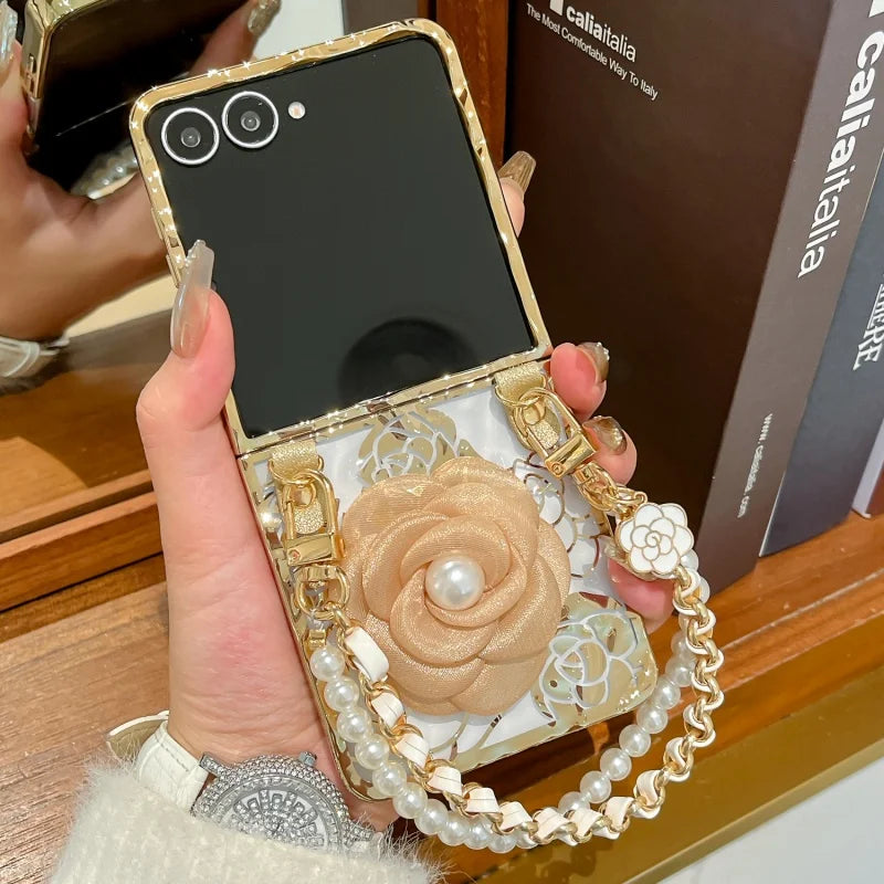 Water Waves Plated Rose Flower Texture Casing For Samsung Galaxy Z Flip 8 Case Flip7 With Pearls Bracelet Mobile Phone Cover