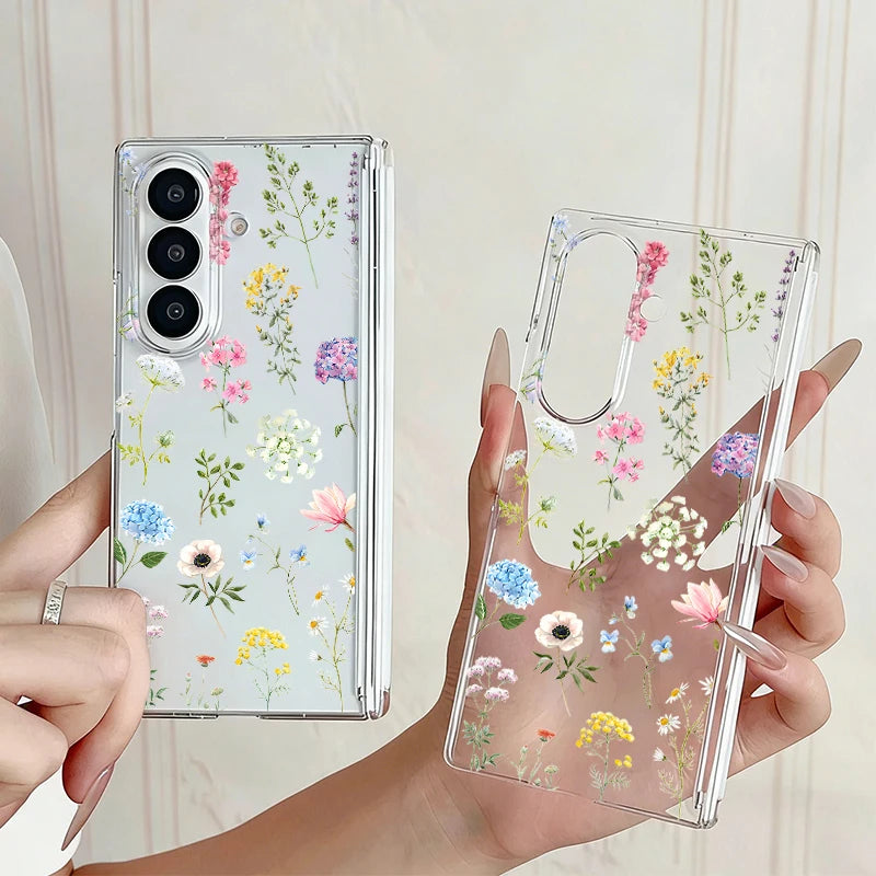 Magnetic Adsorption Clear Phone Case For Samsung Galaxy Z Fold 7 6 Fold7 Fold6 Fold5 5G Colorful Plant Printing Hard Back Cover