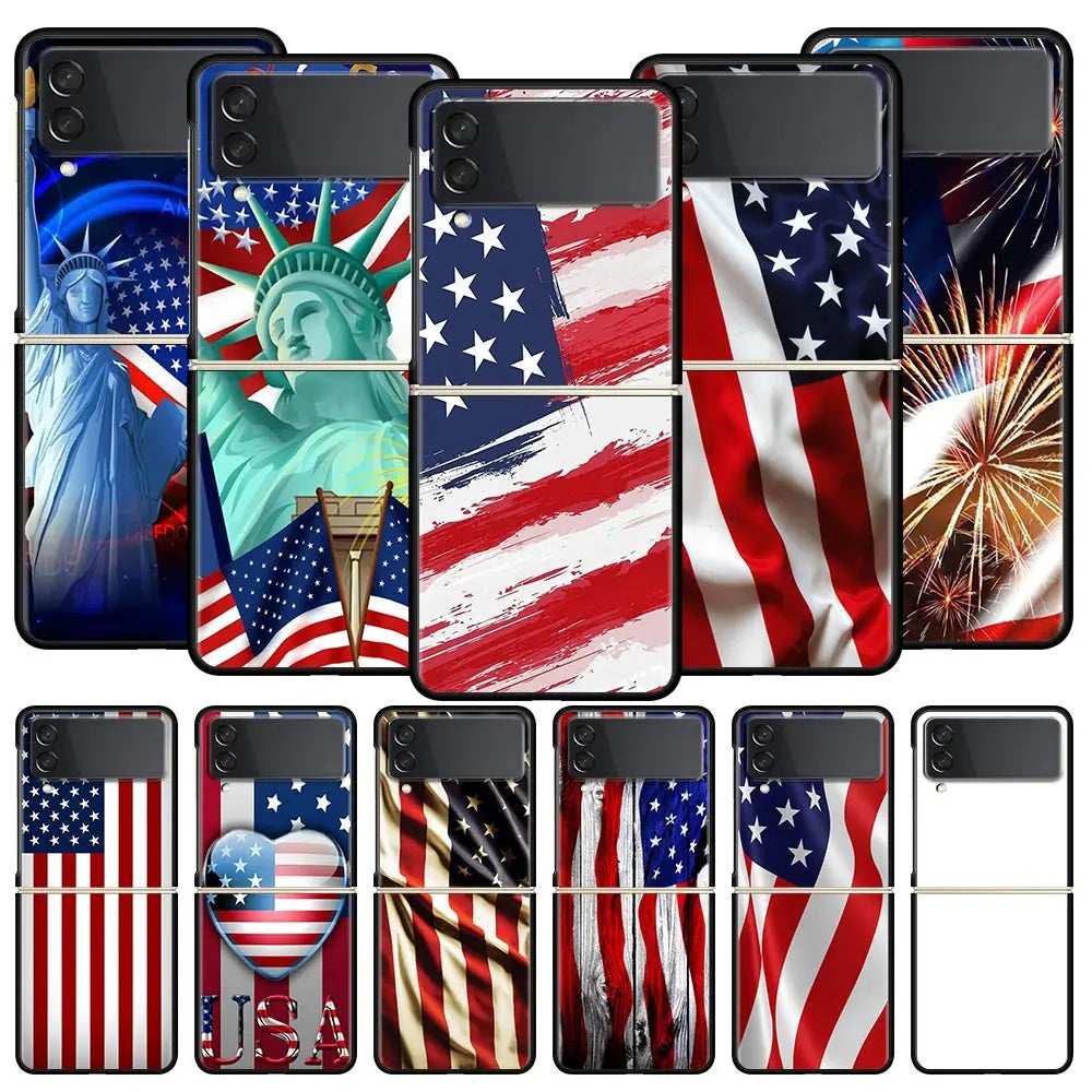Hard PC Phone Case For Samsung Galaxy Z Flip 7 6 5 4 Black For Galaxy Z Flip 3 Foldable Shockproof American United States Flag