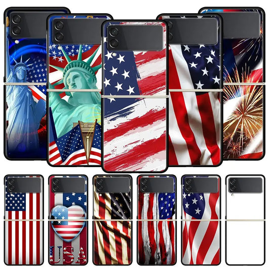 Hard PC Phone Case For Samsung Galaxy Z Flip 7 6 5 4 Black For Galaxy Z Flip 3 Foldable Shockproof American United States Flag