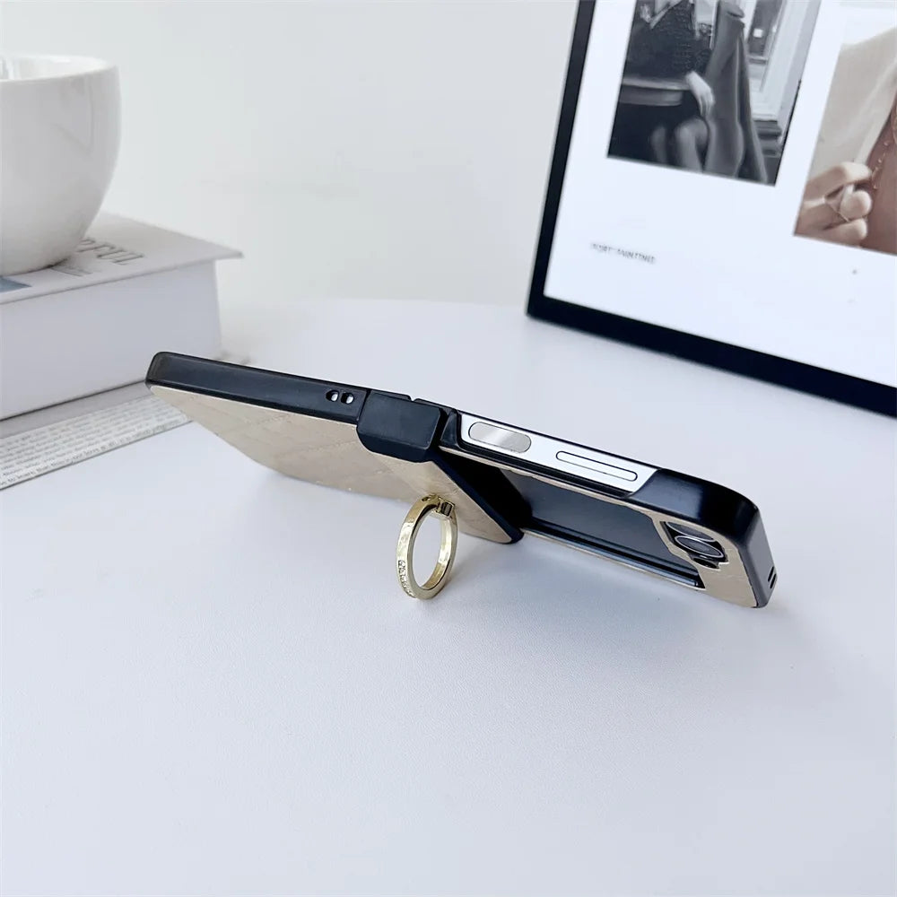 Leather Finger Ring Buckle Case For Samsung Galaxy Z Flip 6 5 4 3 Grid Pattern Stand Holder Shockproof For Galaxy Flip 6 Cover