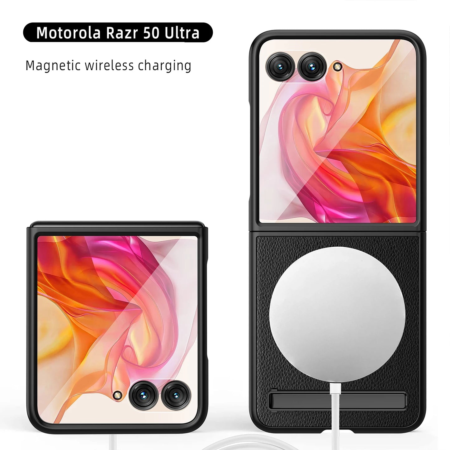 Luxury Leather Magsafe Ring Case For Motorola MOTO RAZR 50 Ultra RAZRPlus 2024 Kickstand Holder Cover 9H HD Glass Film Protector