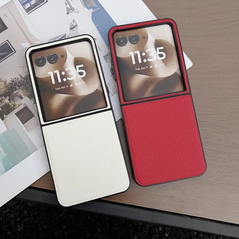 Plain Leather Lychee Patterned Case For Moto Razr 60 Ultra Razr60 Motorola razr 50 Ultra razr+ 2024 Camera protect Cover