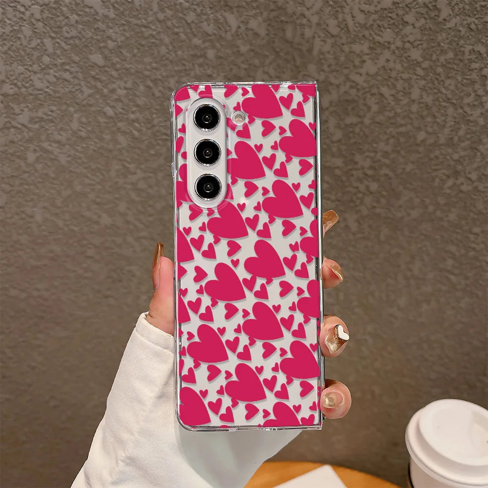 Cherry Heart Bowknot Clear Phone Case For Samsung Galaxy Z Fold 6 7 Fold 5 ZFold 4 3 2 ZFold SE W26 W25 Hard Folding Cover Funda