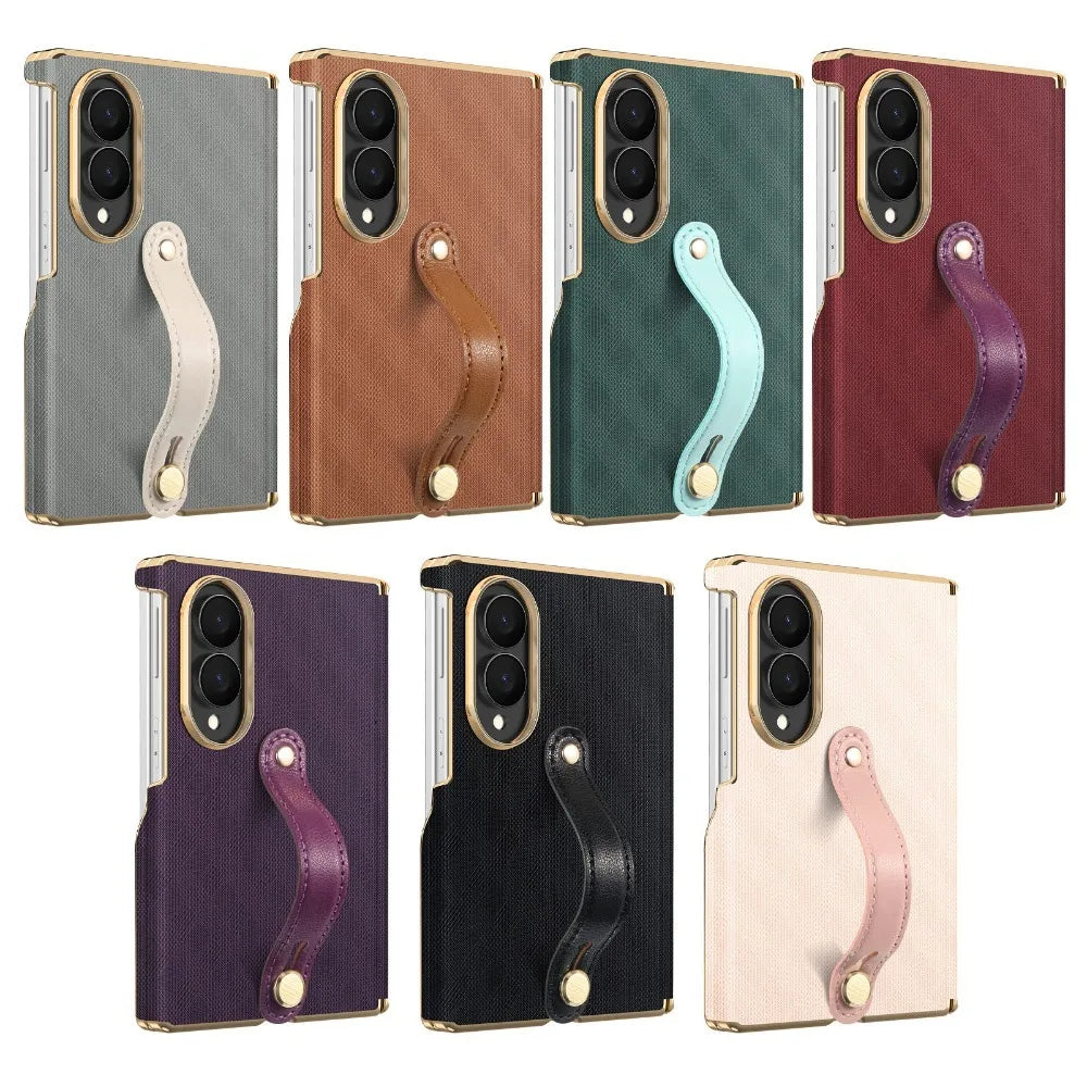 Business Plaid Leather Texture Case for Samsung Galaxy Z Fold 8 Ultra Fold7 6 Dual-Axis Hinge Protection Wrist Strap Fit Cover